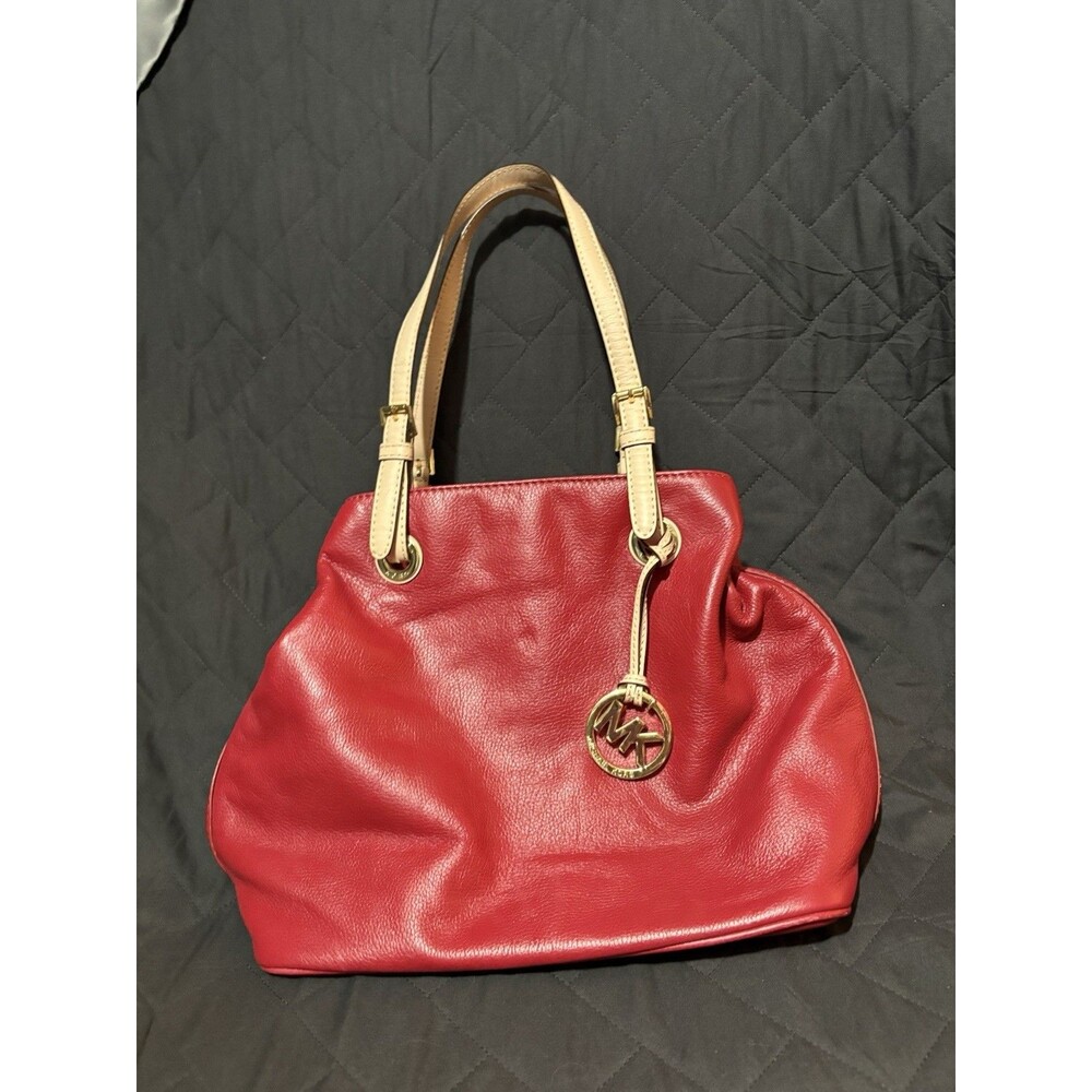 Michael Kors Red Large Tote Beige Double Handles Gold Hardware Charm Snap